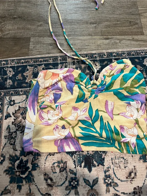 Billabong Floral Halter Crop Top in Yellow, Teal & Purple - Image 6