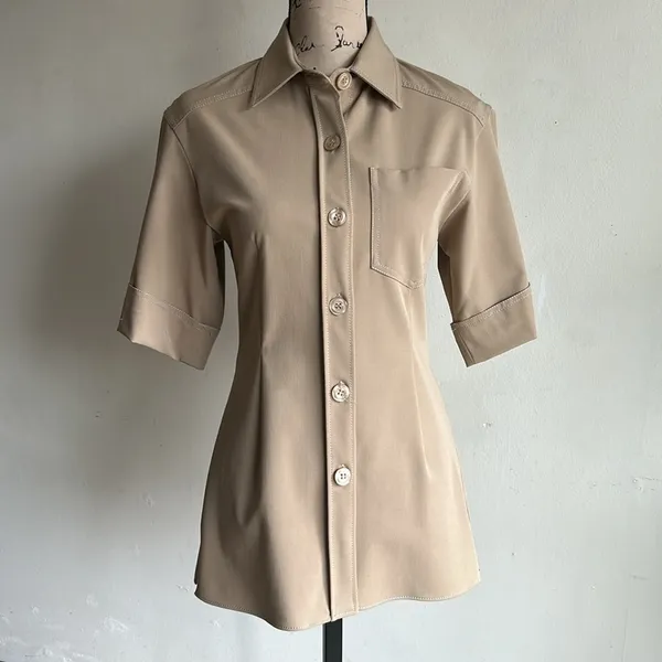 ZARA Short Sleeve Button Down Tan Tunic Top Sz XS NWT - Image 5