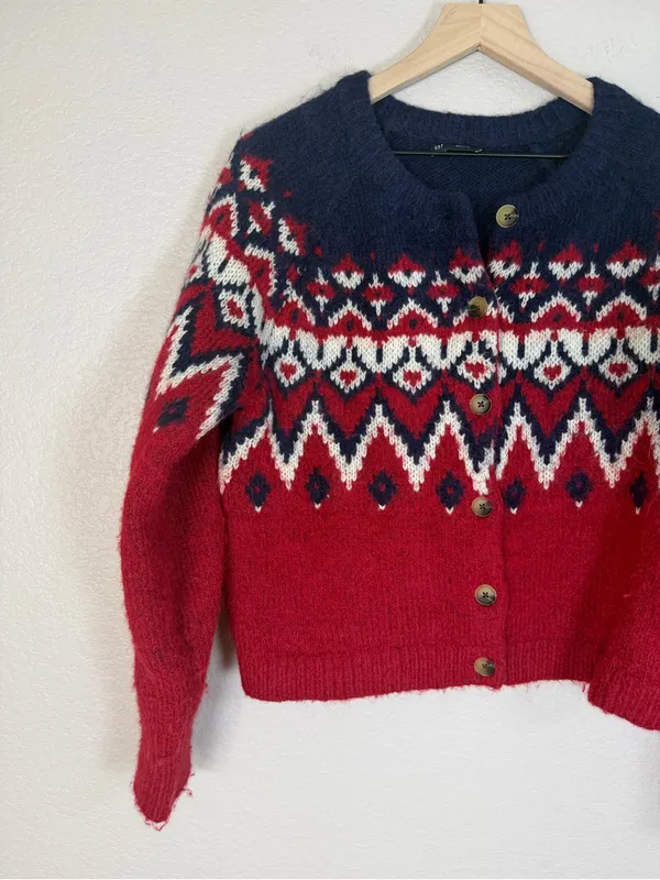 Gap Fair Isle Brushed Alpaca Wool Cardigan Sweater Medium Red Navy Blue $80 - Image 7