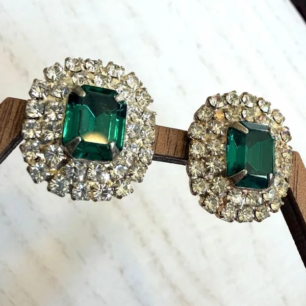 Vintage Emerald Cut Green Rhinestone Halo Stud Earrings - Image 3