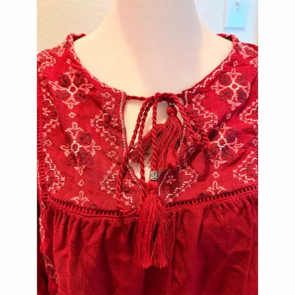 Knox Rose Blouse Womens L Burgundy Boho Embroidered Tunic Split Neck 3/4 - Image 4