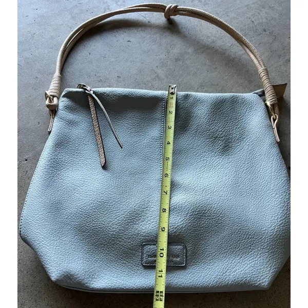 London Fog Travel Bag Houndstooth Brwn Barrel Duffle Leather Light Blue Bag - Image 5