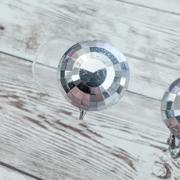 Vintage Clip On Earrings - Domed Circle Faceted Silver Tone - Condition Issues - Image 5