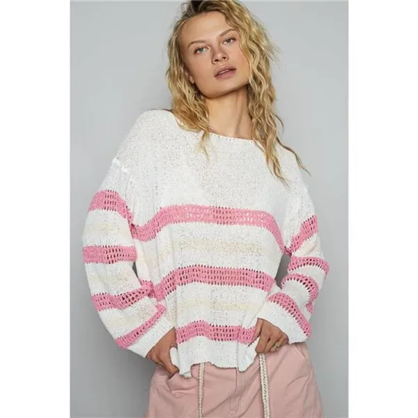 POL Striped Openwork‎ Round Neck Knit Top - Image 2