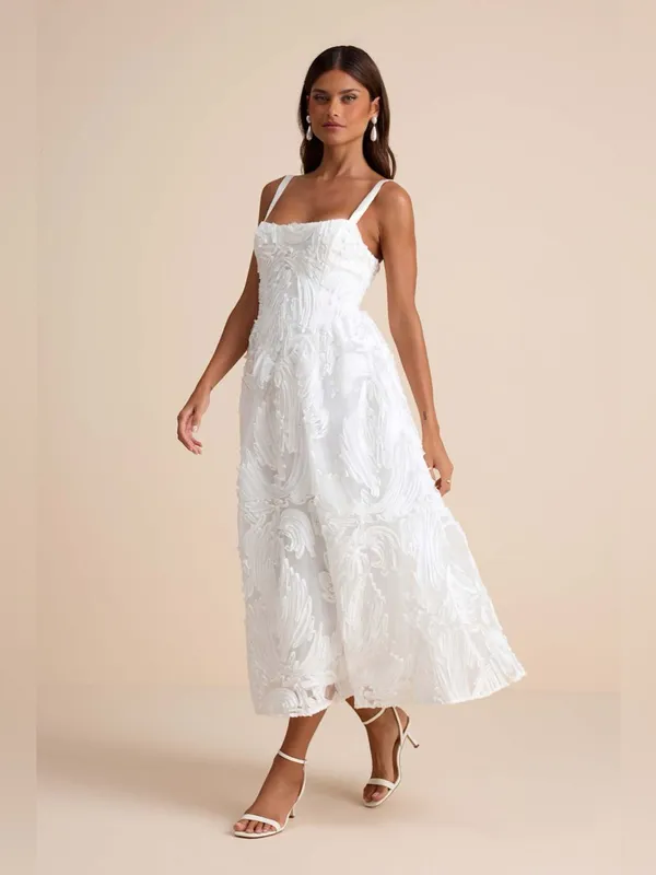 LULU’S Perkins White Textured Lace-Up Corset Midi Dress - Image 5