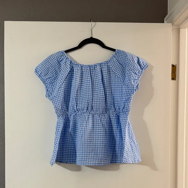 Double Zero Light Blue Gingham Peplum Cap-Sleeve Blouse - Image 4