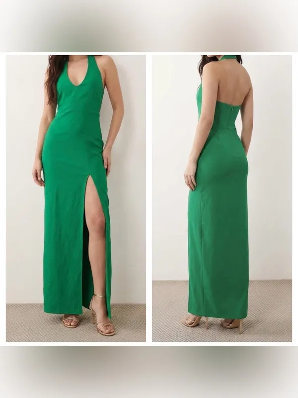 Vesper ASOS Green Bengaline Halterneck Thigh Split Maxi Dress Sz 8UK USA 4 - Image 5