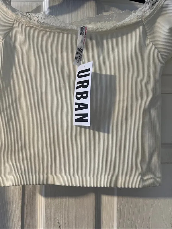 Urban Outfitters Cream Ribbed Off-Shoulder Long Sleeve Crop Top - Image 3