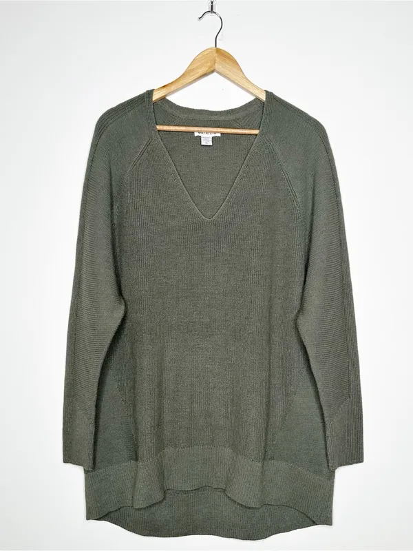 Athleta Hanover Merino Wool Blend V-Neck High Low Tunic Sweater Olive Green XL⁠ - Image 3