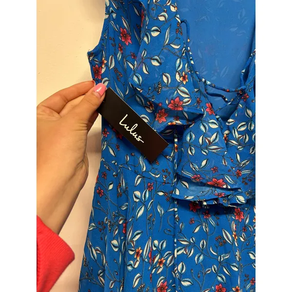Lulus Blue‎ Floral High Low Maxi Dress Ruffle Medium Wedding Guest Vacation Euro - Image 4