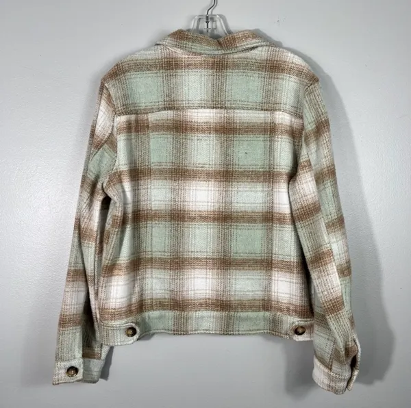 Umgee Boutique Pastel Green Brown Plaid Shacket Boxy Fit Top Jacket Layering M - Image 3