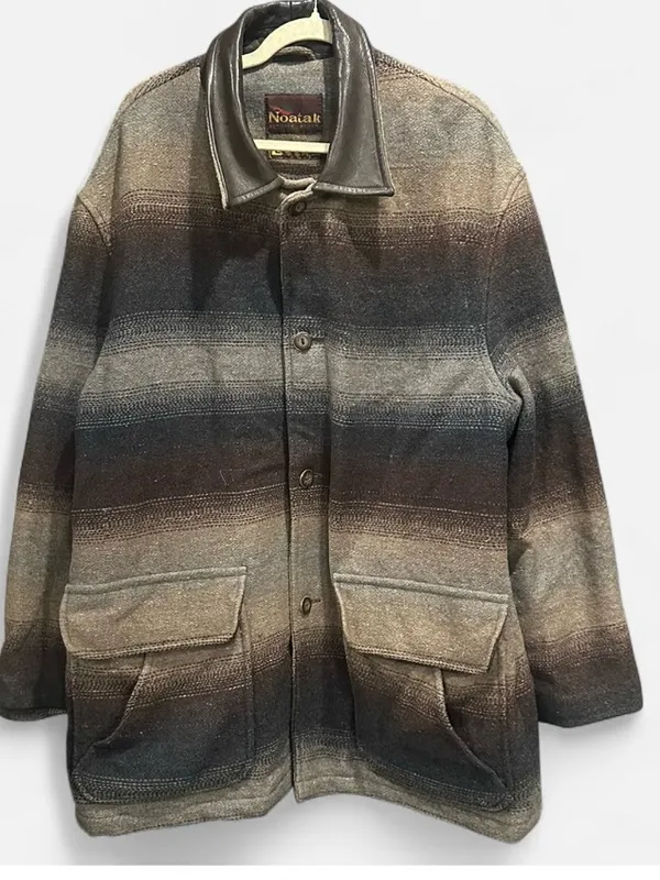 Vintage Southwestern Wool Blend Barn Coat Genuine Leather Collar L - Image 10