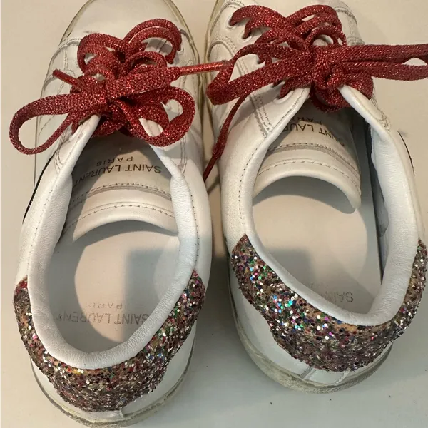 Saint Laurent Paris White Leather Glitter Diamond Patch Low Top Sneakers Size 36 - Image 7