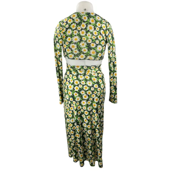 AFRM Green Multicolor Floral Cut Out V-Neck Long Sleeve Midi Bodycon Dress Sz S - Image 2
