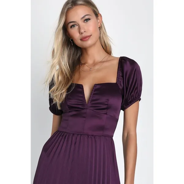 NWOT Lulus Flawless Forever Dark Purple Satin Pleated Midi Dress Size XXS - Image 3