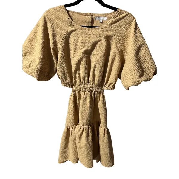 Madewell Dress Women's Size M Tan Brown Short Sleeve Tiered Mini Button‎ Back - Image 3
