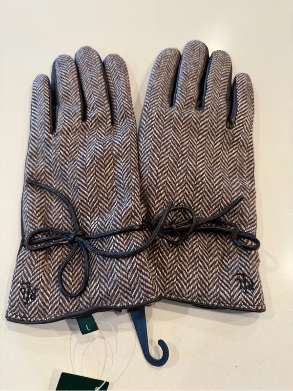 Lauren Ralph‎ Lauren Herringbone Wool Gloves Brown Leather - Image 3