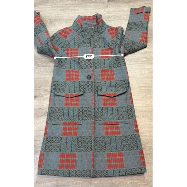 Sundance XS Wool Blend Plaid Long Coat Teal Red Boho Cottagecore Artsy Statement - Image 15