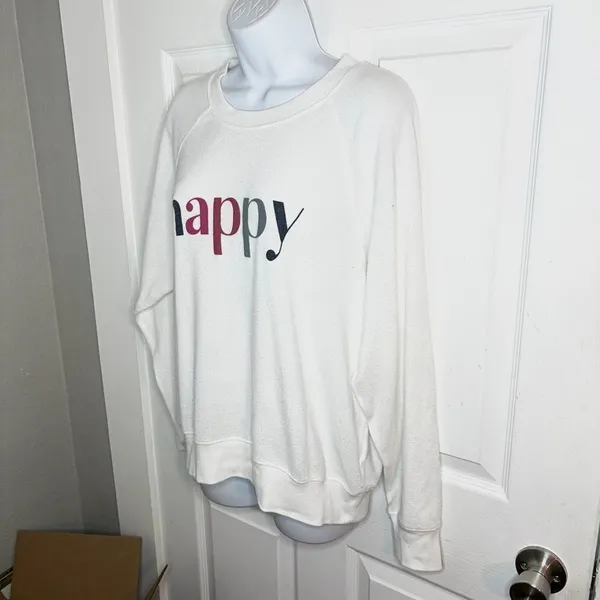 Red Dress Boutique Z Supply Happy Graphic Print Sweatshirt Ivory White Crew Neck Lightweight M - Image 5