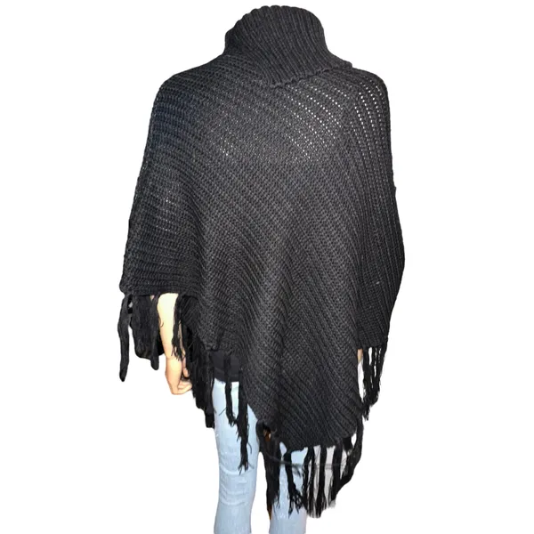 Sequined Fringe Turtleneck Poncho Black - Image 5