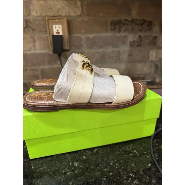Sam Edelman Women's Gilles Flat Sandal Ivory‎ Leather Size 7.5 Slide - Image 4
