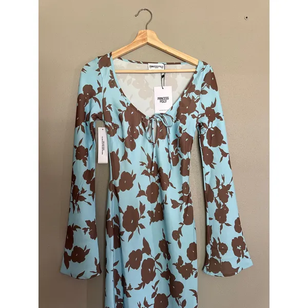 PRINCESS POLLY Elorie Long Sleeve Maxi Dress Blue / Brown Size 2 NEW - Image 3