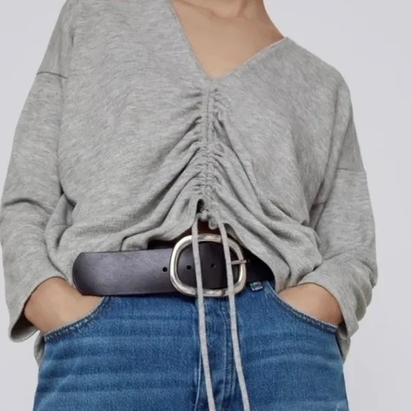 ZARA Heathered Gray Cinched Sweater V Neck Pullover Cinchable Cinched Top Large - Image 4