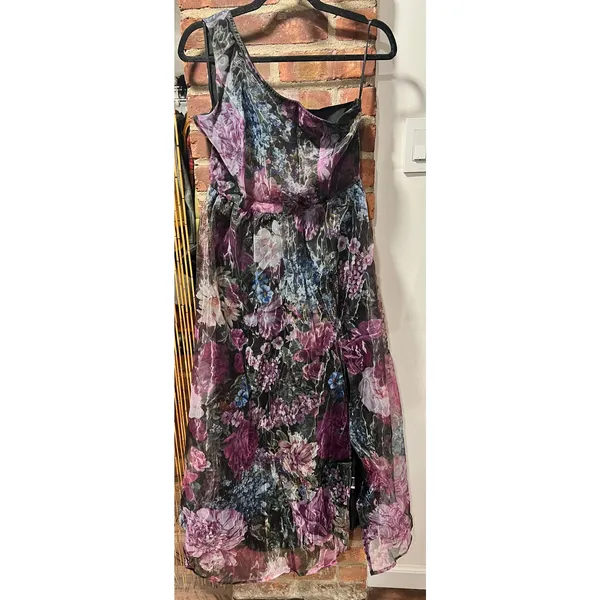 SheIn Stunning One-Shoulder Floral Organza Sheer Maxi Dress Purple & Black M - Image 5