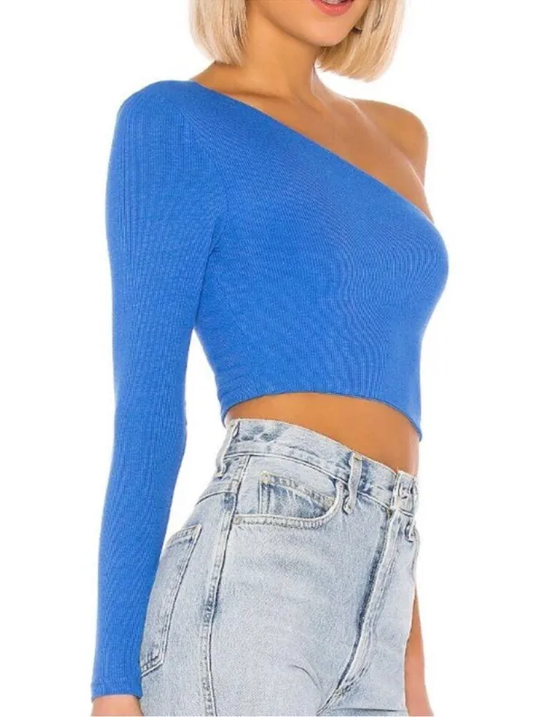 Superdown Karol Ribbed One-Shoulder Crop Top in Cobalt - Image 2