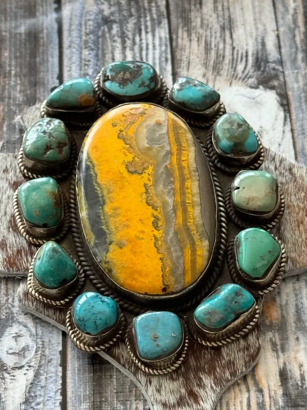 Handcrafted Pendant only - Bumblebee Jasper with Turquoise Large Size at 4” x 3” - Image 6