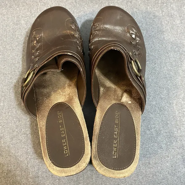 Lower East Side‎ 9.5 Vintage 90s Y2K brown Leather Slip On Chunky Platform Mules - Image 5