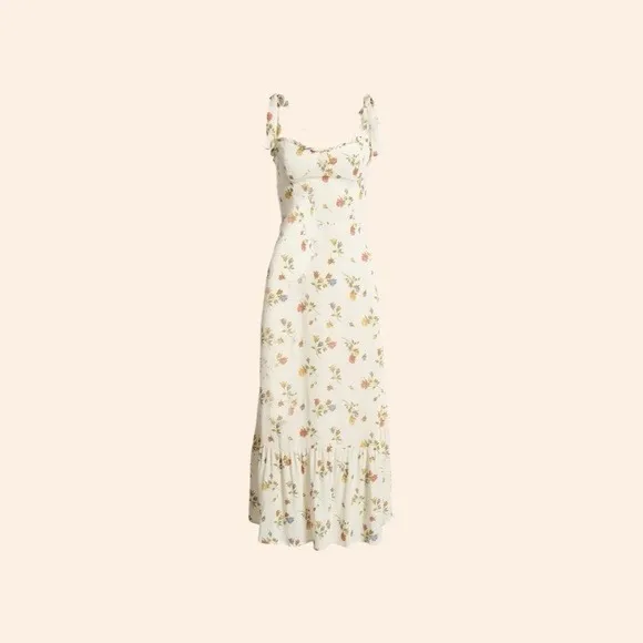 Reformation Midi Dress Women 12 Ivory Floral Nikita Tie Strap‎ Ruffle Summer - Image 3