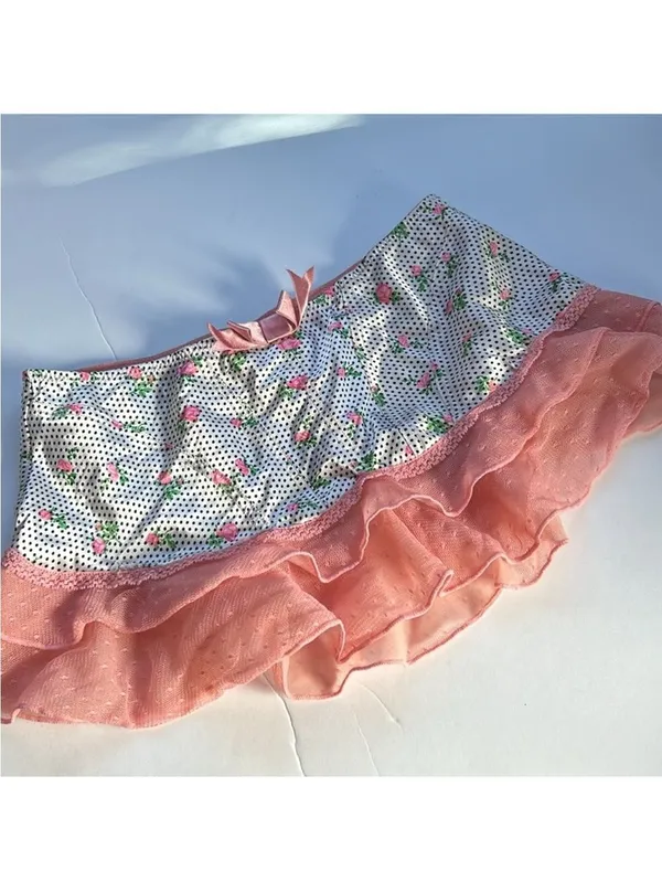 NWOT Vintage Jezebel Floral Polka Dot Ruffle Tiered Micro Mini Skirt Size Small - Image 9