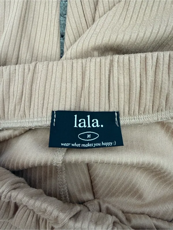 Dressed in Lala Ribbed Wide Leg Pull-On Pants Beige Tan Medium - Image 4