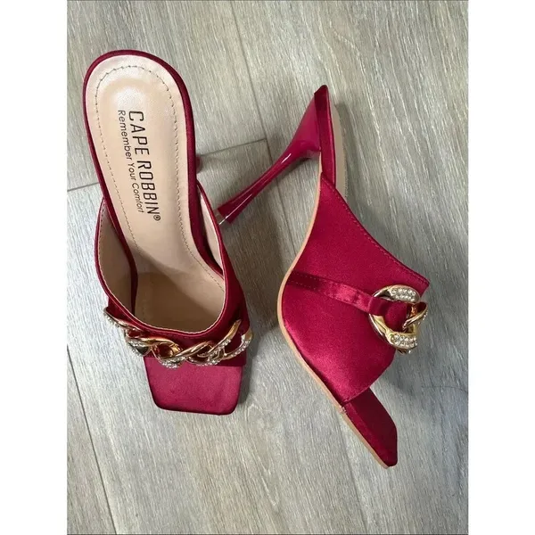 Cape Robbin Disteny Brick Red Satin Slide Mules with Gold Crystal Chain - Image 2