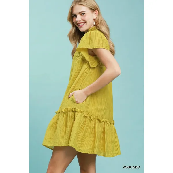 Umgee Textured‎ Ruffle Hem Mini Dress - Avocado - Medium - Image 2