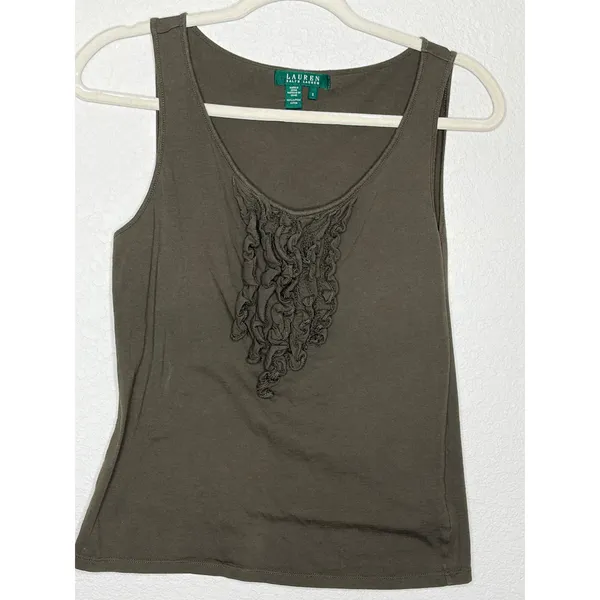 Lauren Ralph Lauren Ruffle Tank Top Olive Green Size S 100% Cotton - Image 2