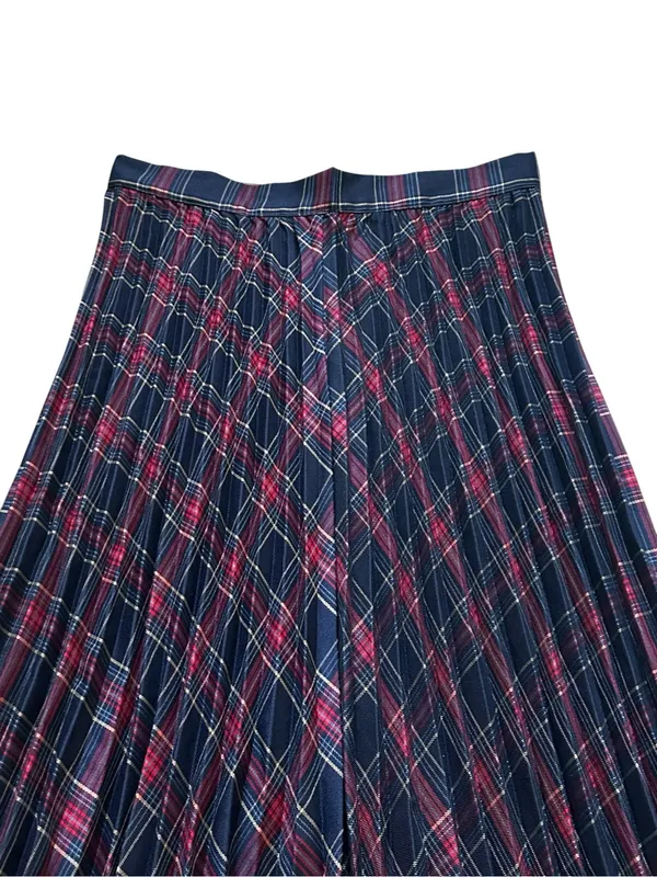 FORE Womens Pleated Midi Skirt Blue Red Plaid Preppy Dark Academia Grunge Modest - Image 3