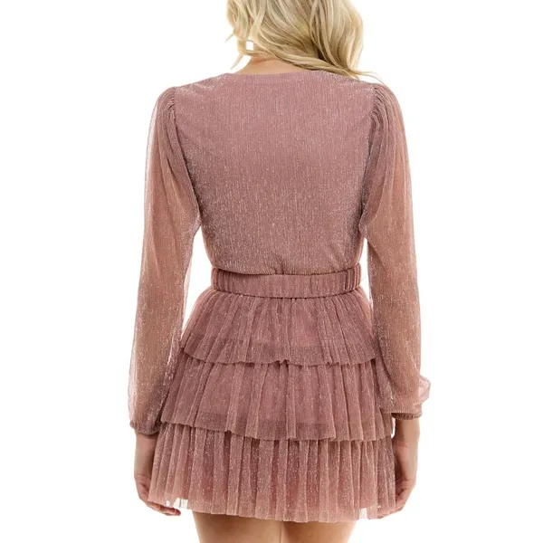 B. Darlin Juniors Metallic V-Neck Belted Dress 914Z740 Pink 7/8 - Image 8