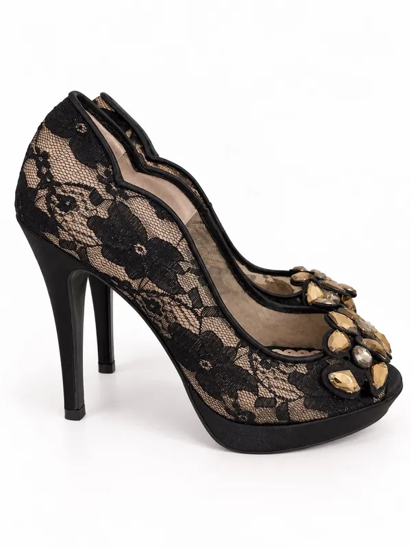 Lulu Townsend Black Lace Mesh Rhinestone Stiletto Peep Toe Pumps Amber Crystal - Image 4