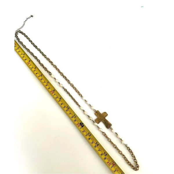 Silver and gold tone fresh water pearl long cross necklace - Image 5