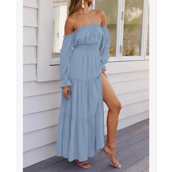 NEW Blue Off Shoulder Split Flowy Wedding Guest Maxi Dress M 8/10 - Image 8