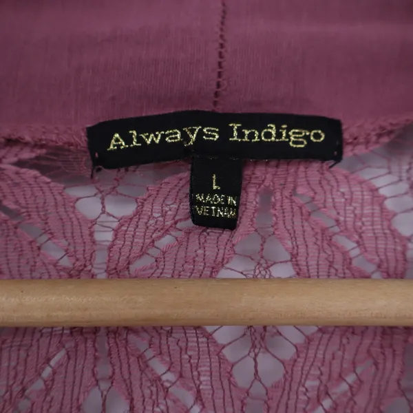 Always Indigo Mauve Lace Back Open Front Draped Cardigan Womens Large - Image 3