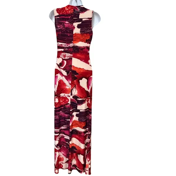 Veronica M Jenny Abstract V-Neck Shirred Shoulder Maxi‎ Dress Pink Orange S NEW - Image 2