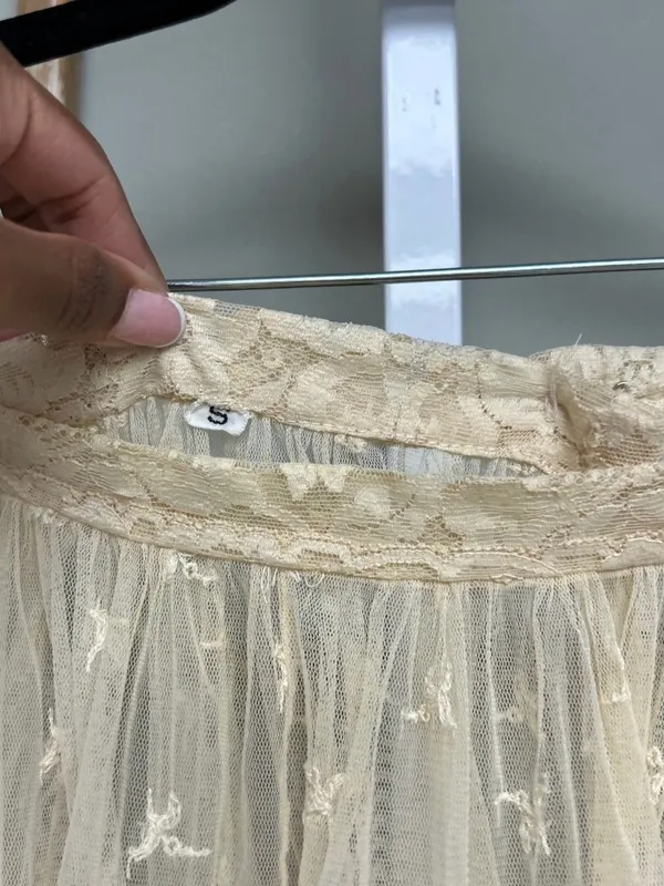Vintage Boho Fairycore Lace Mesh Tiered Midi Skirt Cream Ivory Sheer Romantic S - Image 6