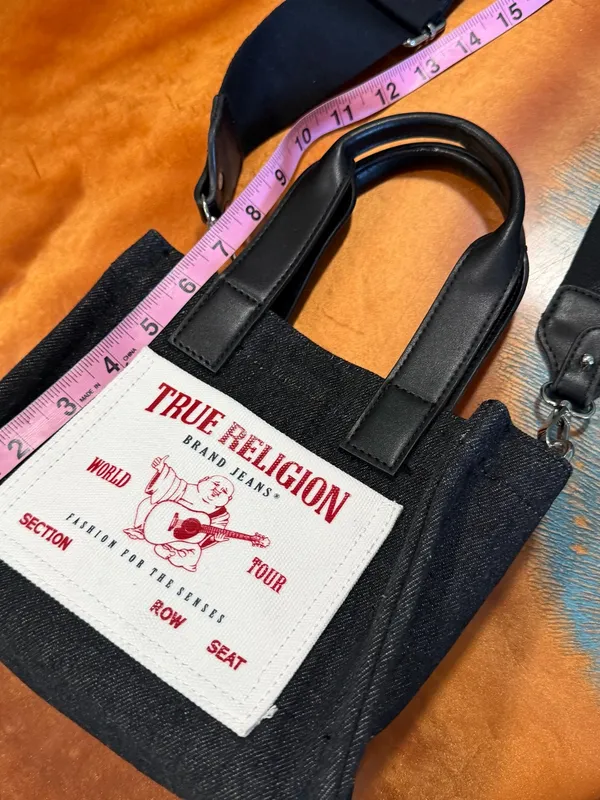 True Religion Black Gray Canvas Messenger Bag Logo Buddha Patch adjustable strap - Image 12