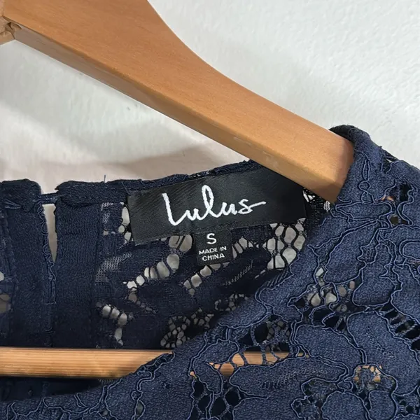 Lulu's Women’s Picture This Lace Round Neck Long Sleeve Blouse Navy size S - Image 7
