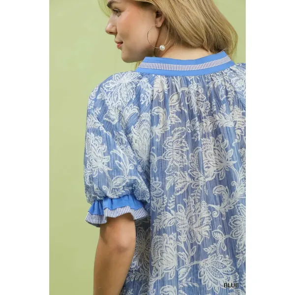 Umgee Floral Print Puff Sleeve‎ Top - Blue - Medium - Image 4