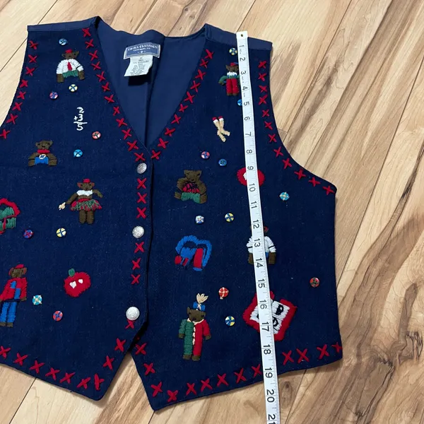 VTG Erika Classics Embroidered Academia Vest Wool Blend Sz M Bears Math Apple - Image 3