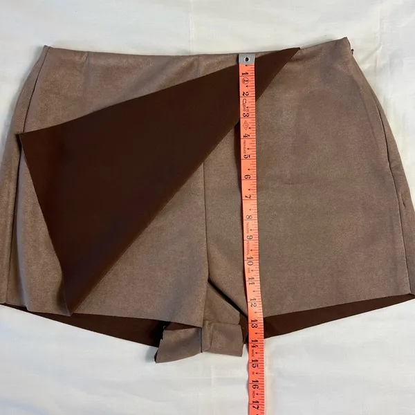 Y2k Faux Suede Wrap Skort Brown Large Mini Skirt Shorts Neutral - Image 6